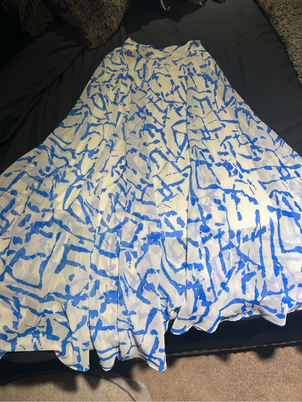 Jenni White Maxi Skirt with Blue Abstract Brushstroke Print